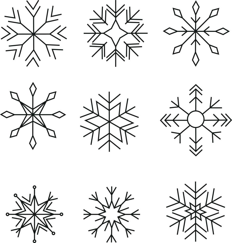 silueta de copos de nieve, conjunto de iconos simples, dibujo vectorial de contorno vector