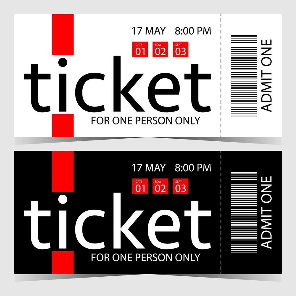 Ticket template design. Vector modern ticket with event date and time, barcode, in black, white and red colours. Coupon or talon for cinema, show, concert, festival, party, disco or club entrance.