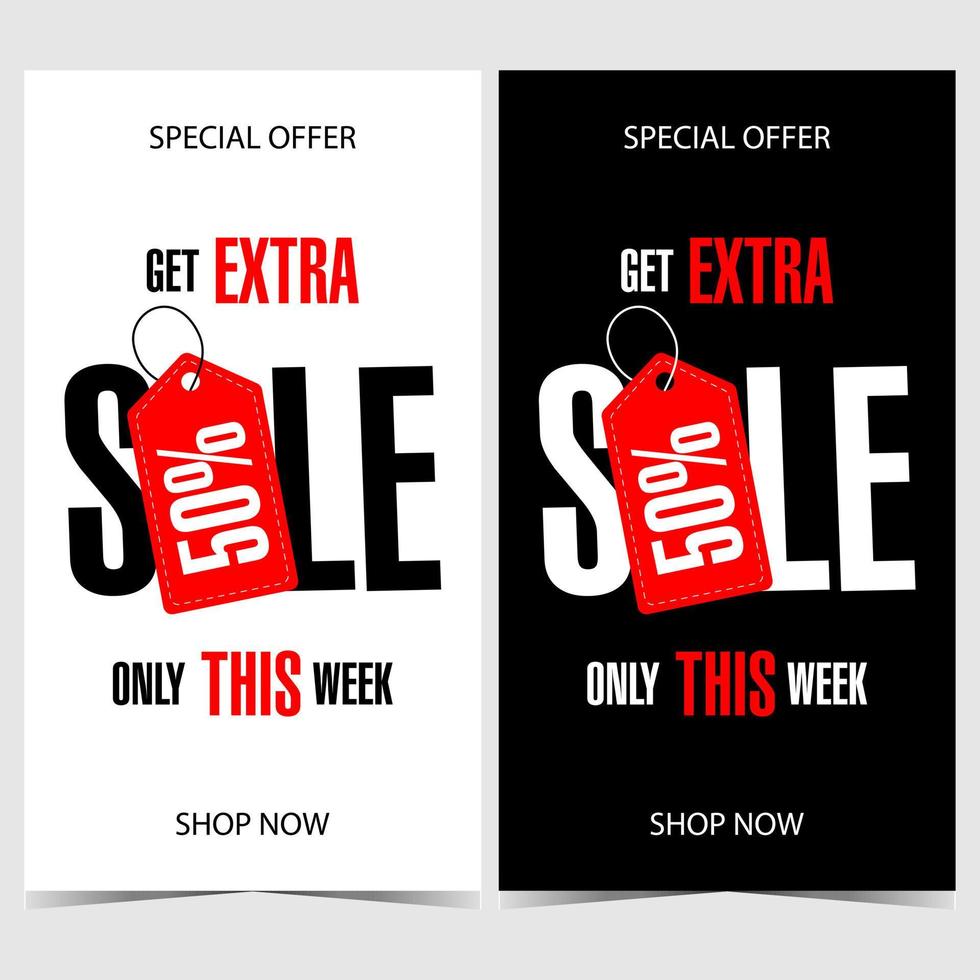 Sale banner in vertical position with red price tag indicating percentage of discount on black or white background. Vector poster or booklet for sale season, shopping discount or Black Friday.