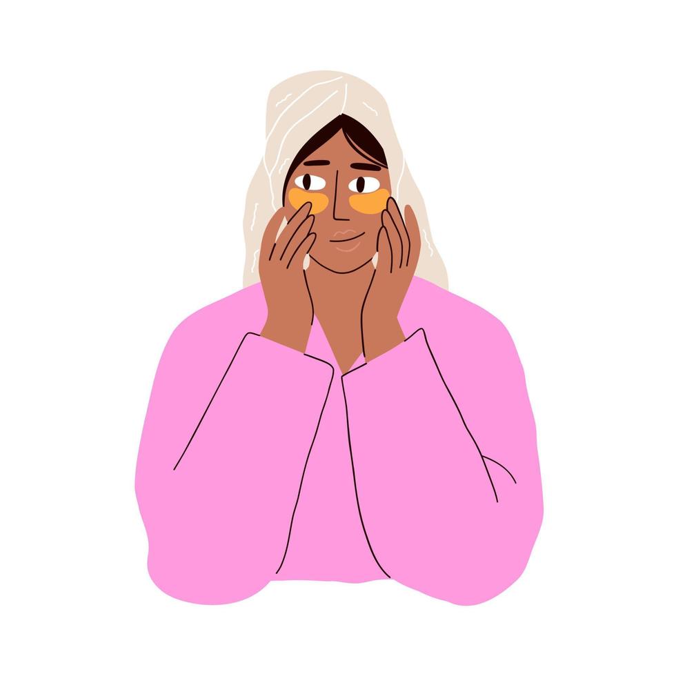 una mujer con una toalla en la cabeza y en bata con parches debajo de los ojos. ilustración vectorial en estilo plano vector