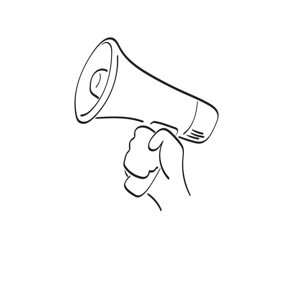 primer plano mano sosteniendo megáfono ilustración vector dibujado a mano aislado sobre fondo blanco arte de línea.