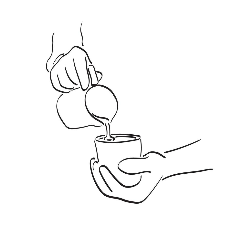 Barista pouring milk on coffee to make latte art illustration vector hand drawn isolated on white background line art.