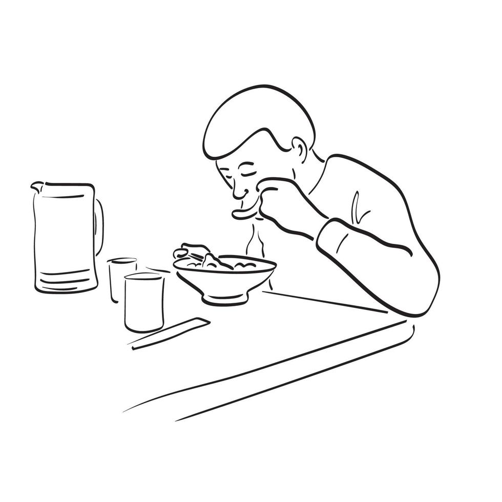 hombre comiendo fideos en la mesa ilustración vector dibujado a mano aislado en el arte de línea de fondo blanco.