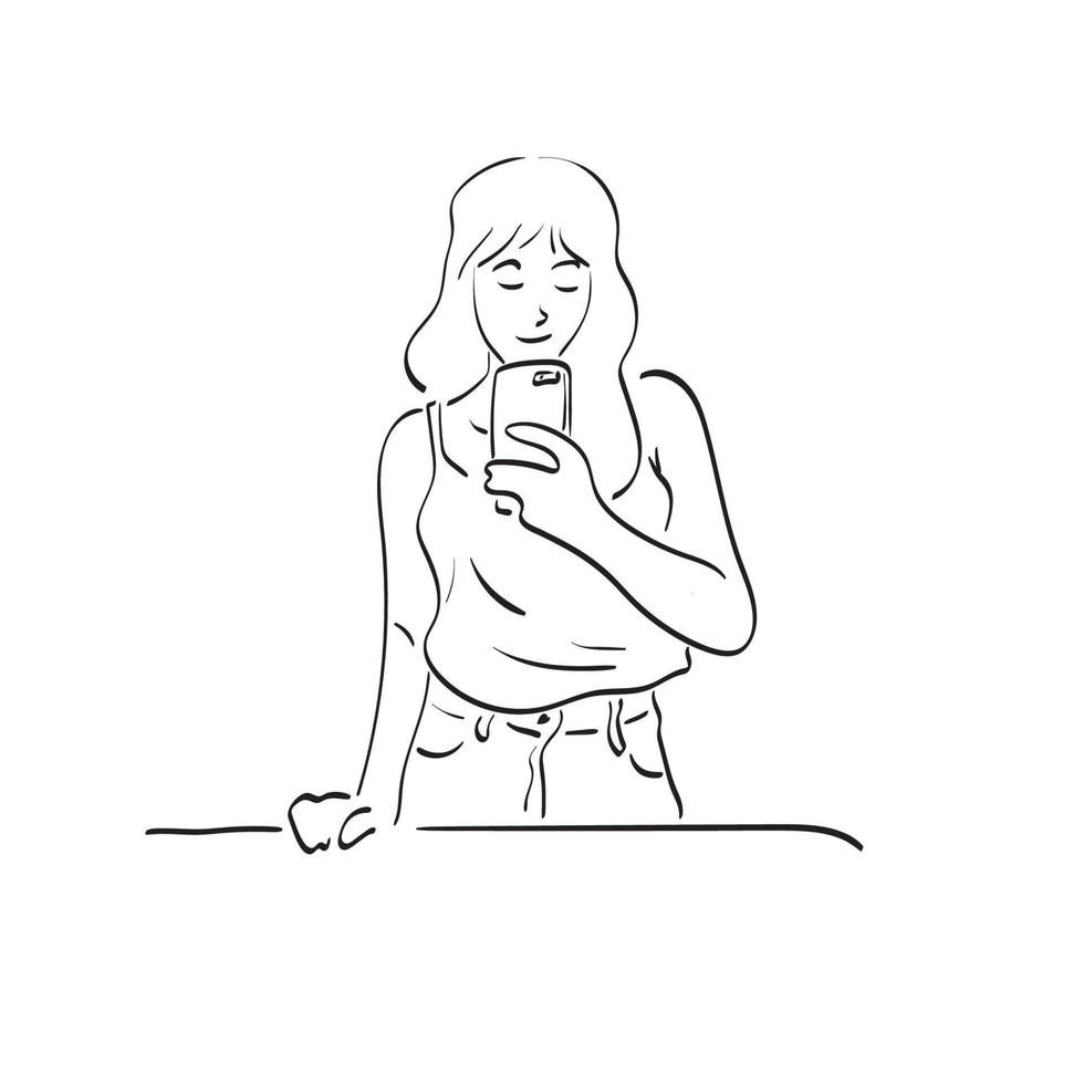mujer de arte de línea tomando selfie de foto en espejo en teléfono móvil ilustración vector dibujado a mano aislado sobre fondo blanco.