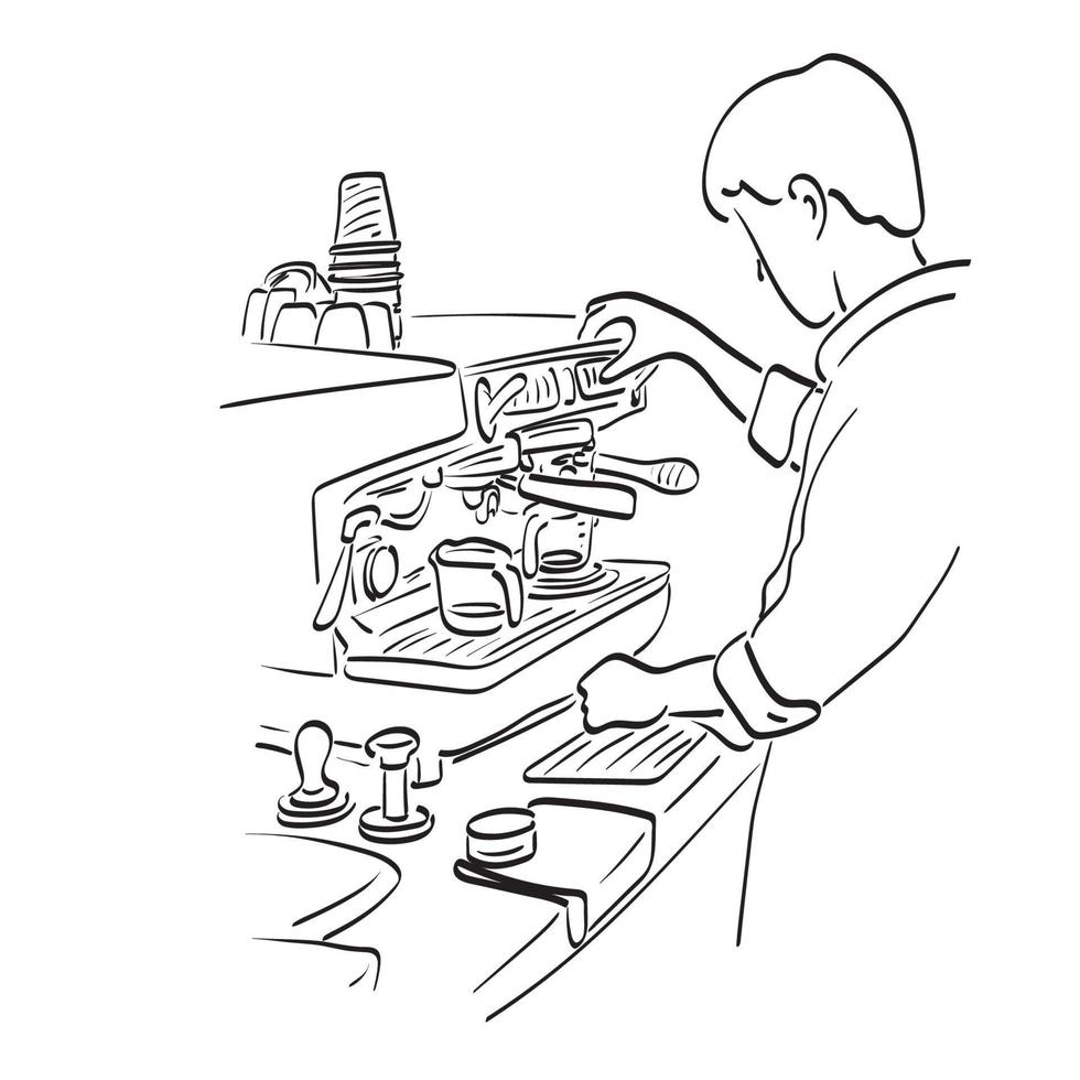 male barista making a cup of coffee using espresso machine illustration vector hand drawn isolated on white background line art.