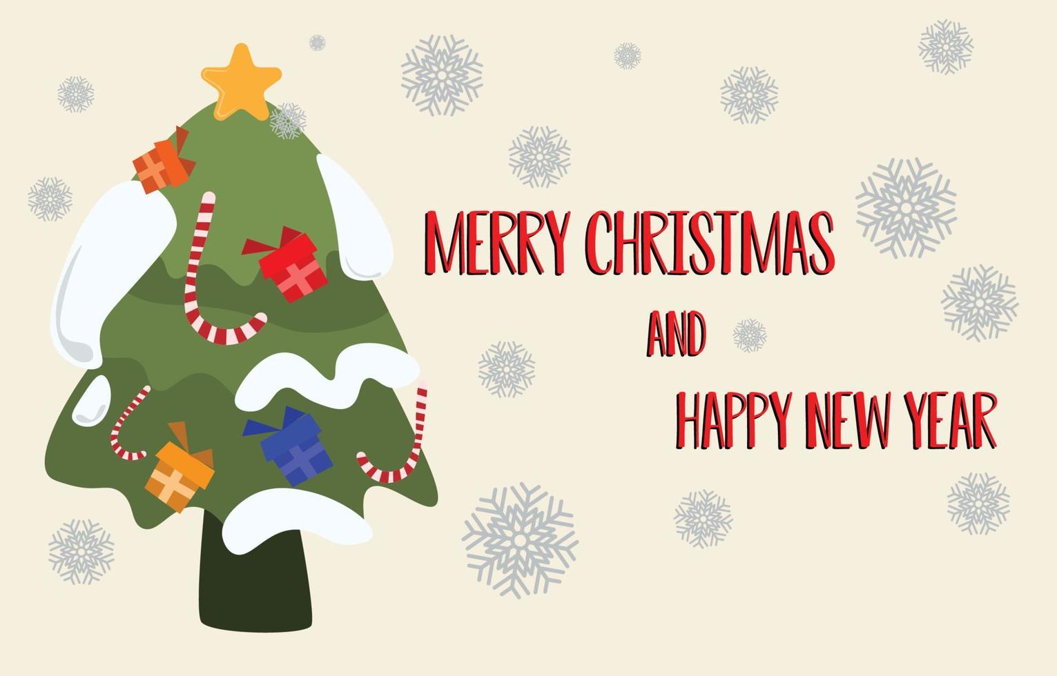vector de fondo de navidad con copos de nieve y regalo en el árbol, santa con mensaje de feliz navidad y feliz año nuevo para papel tapiz o tarjetas de felicitación