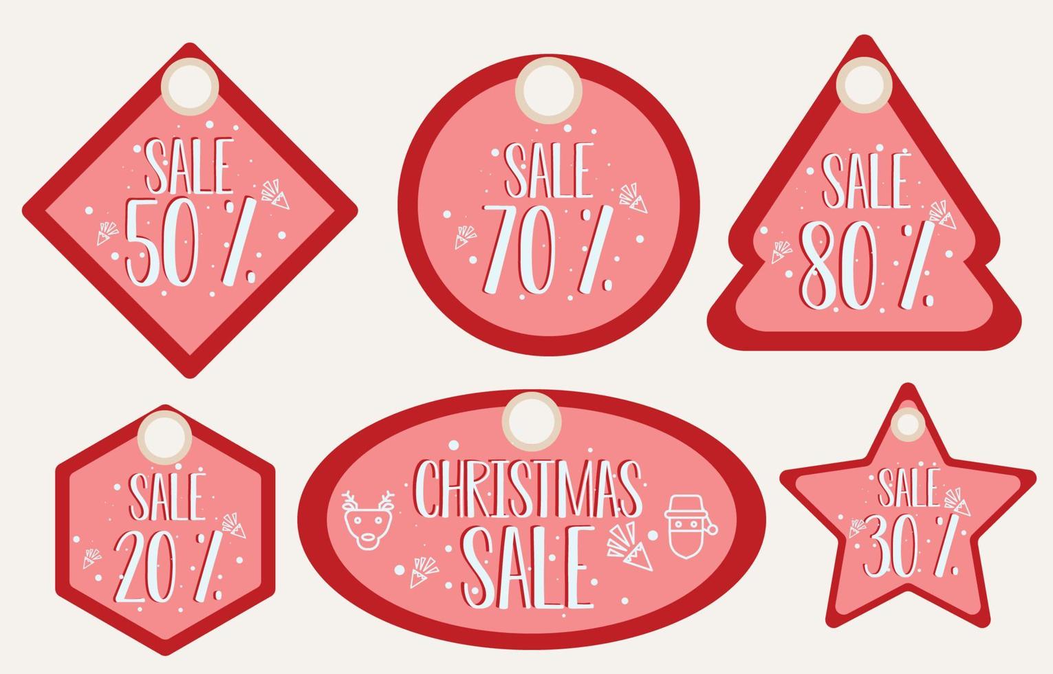 Vector red christmas sale paper price tag, circle shape and red square and snow hand drawn elements, hanging with discount text for newyear shopping holiday promotion Vector illustration.