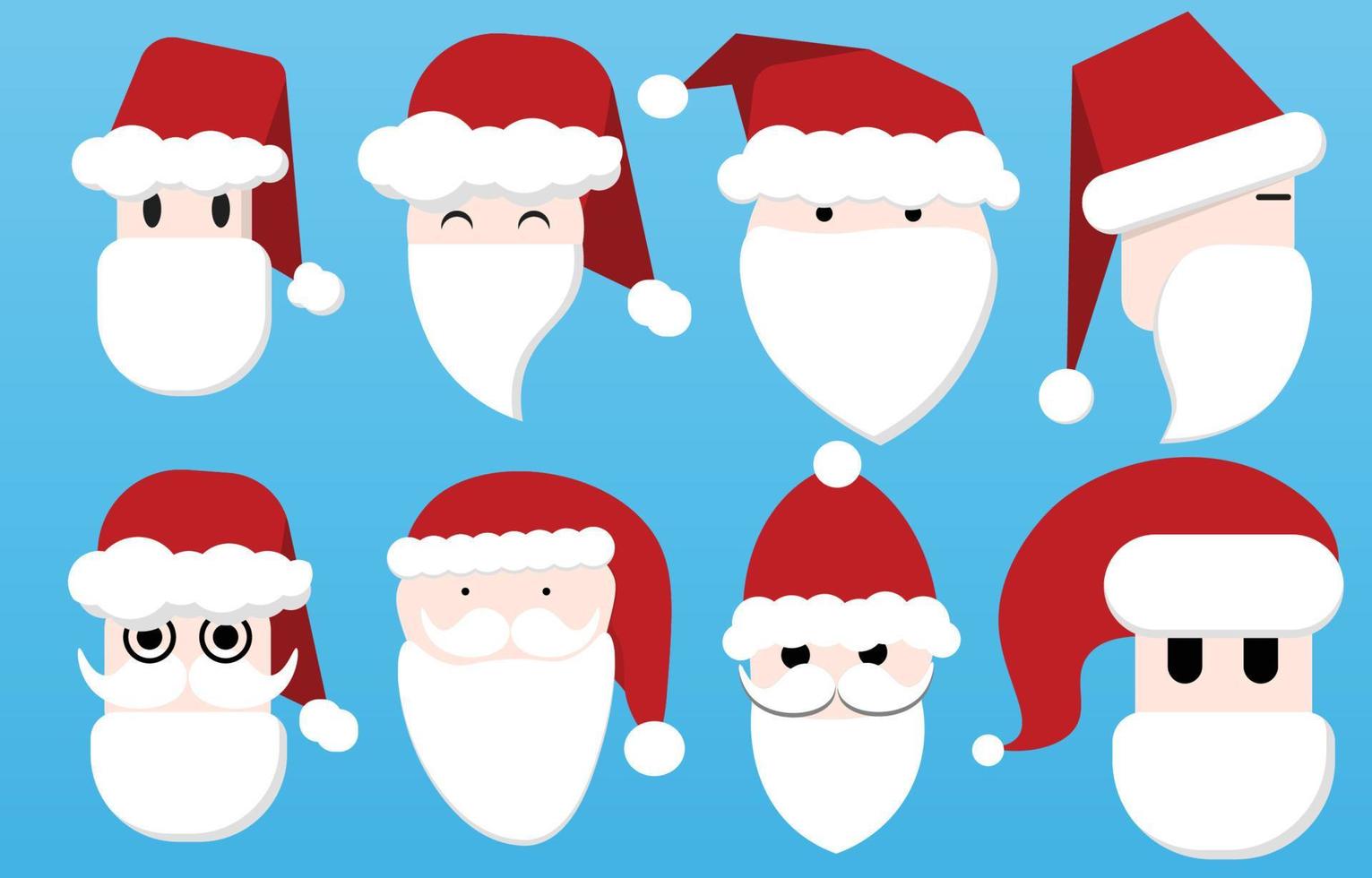 Santa Claus face collection set, flat style cartoon isolated on blue background, vector illustration of christmas and winter new year festival.