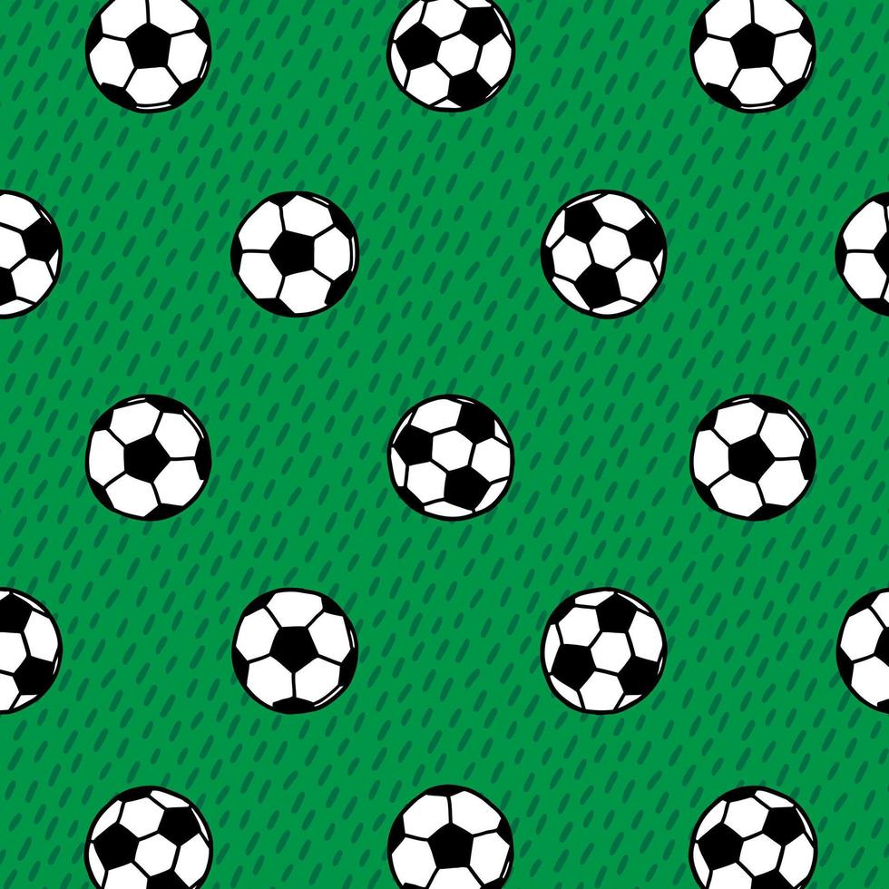 Hand drawn vector illustration of soccer ball on football field pattern in cartoon style.