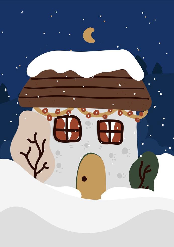 The roof of a snowy house in the village. Building covered in snow, winter village view. Village landscape with snowfall, blizzard and cold weather, Christmas atmosphere snowy house. vector