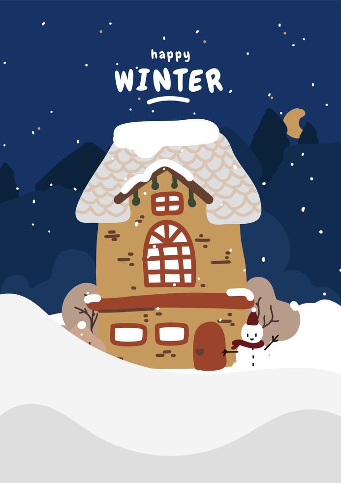 The roof of a snowy house in the village. Building covered in snow, winter village view. Village landscape with snowfall, blizzard and cold weather, Christmas atmosphere snowy house. vector