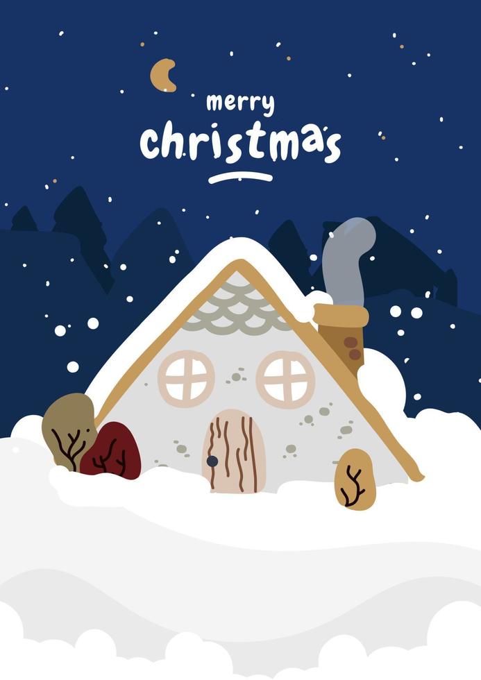 The roof of a snowy house in the village. Building covered in snow, winter village view. Village landscape with snowfall, blizzard and cold weather, Christmas atmosphere snowy house. vector