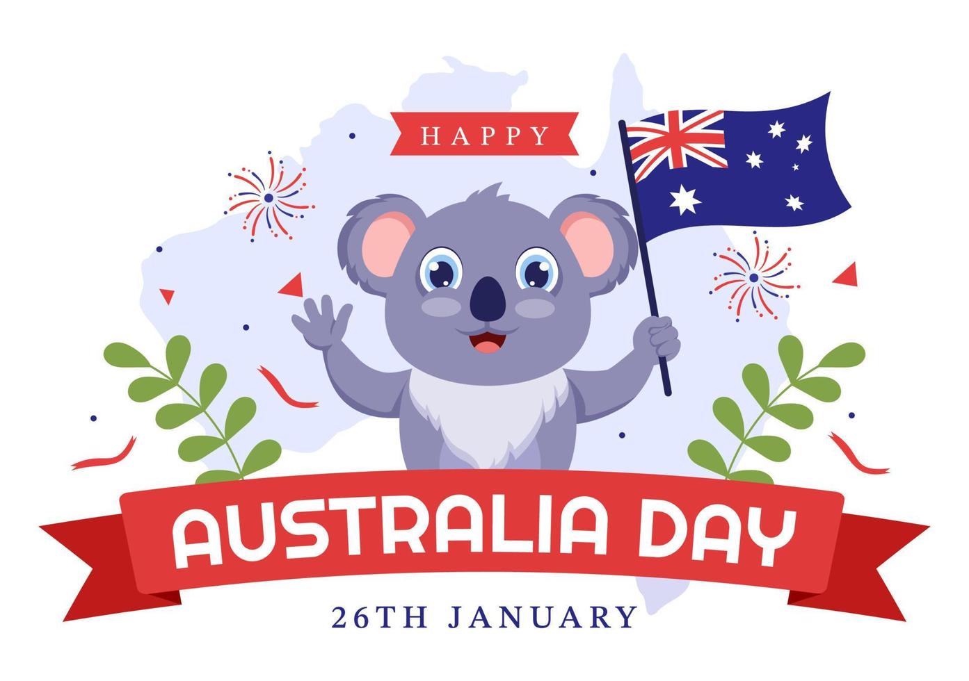 feliz día de australia que se celebra todos los años el 26 de enero con banderas y koalas en dibujos animados planos dibujados a mano ilustración de plantilla vector