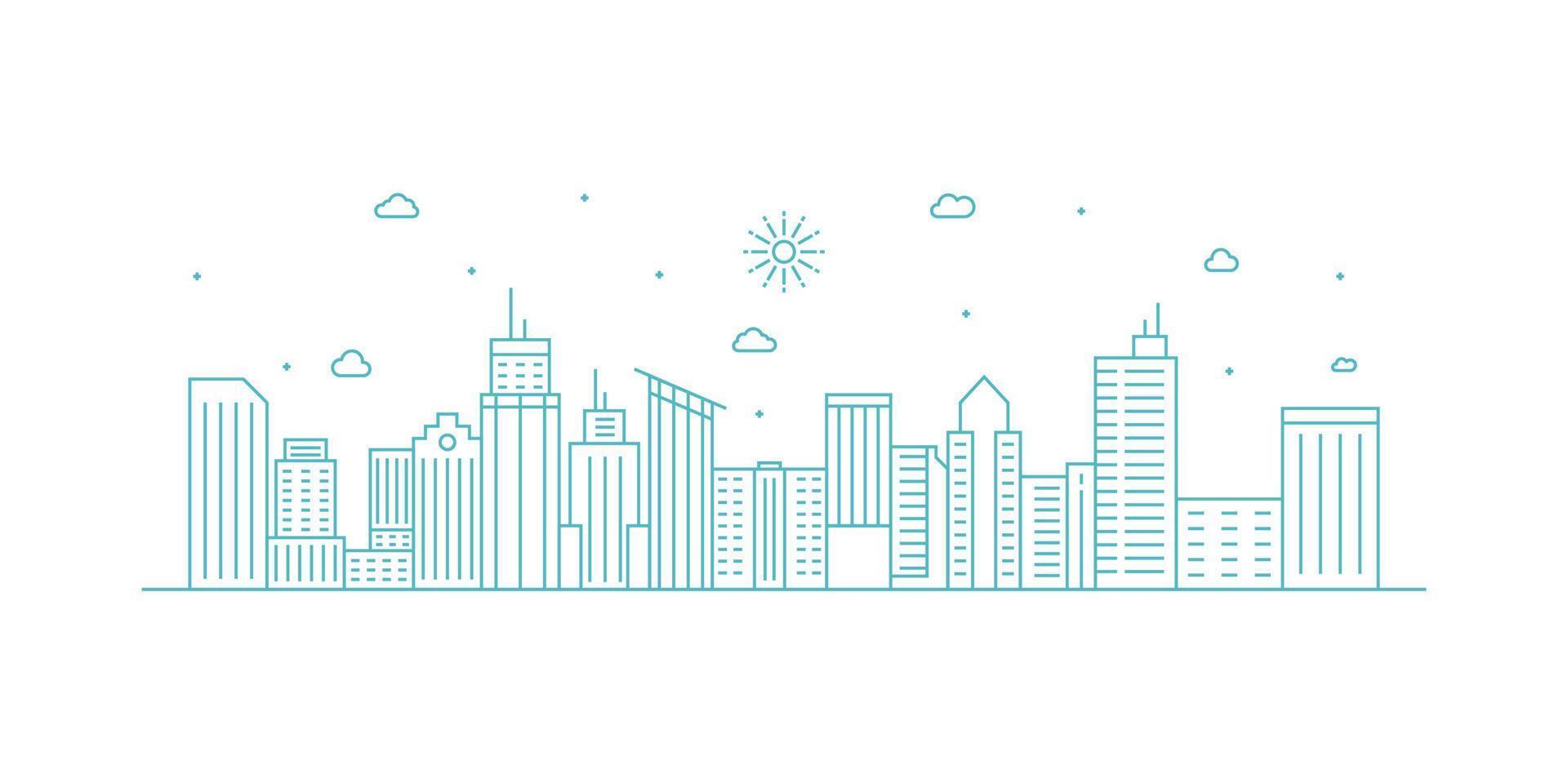 Cityscape. Modern flat line landscape vector. City landscape line art illustration with building, tower, skyscrapers. Vector illustration.