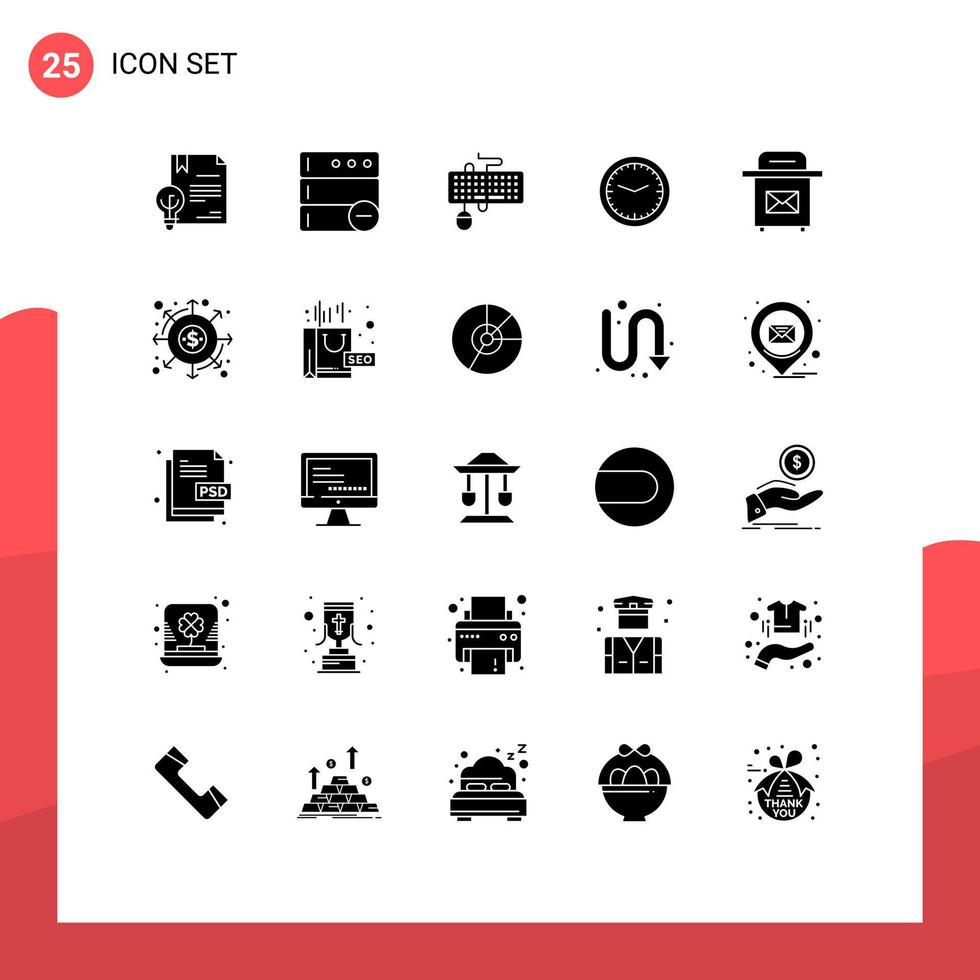 Group of 25 Solid Glyphs Signs and Symbols for watch time device office obsolete Editable Vector Design Elements