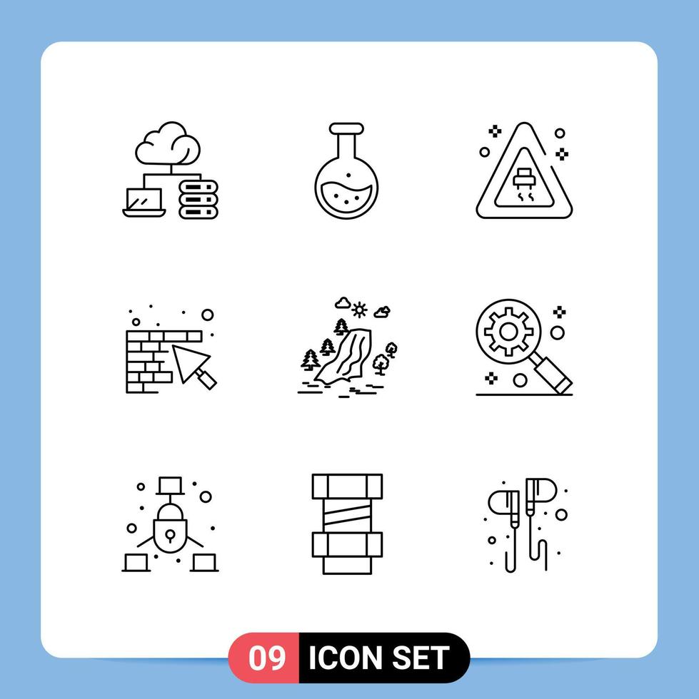 Outline Pack of 9 Universal Symbols of pain waterfall signaling trowel construction Editable Vector Design Elements