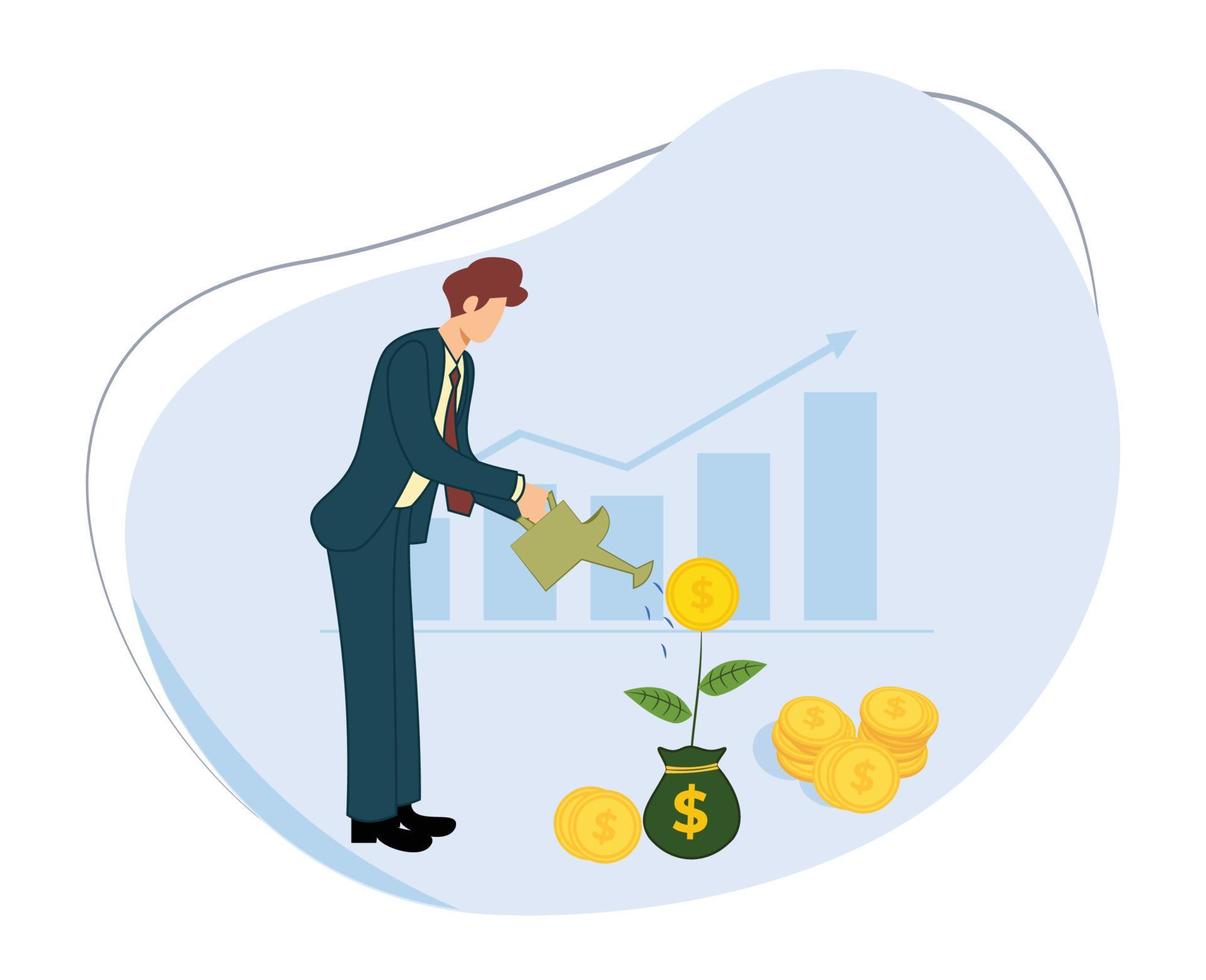businessman watering dollar bill plant. investment finance concept. success business growth arrow. dollar plant coin. money bag and graphic. vector