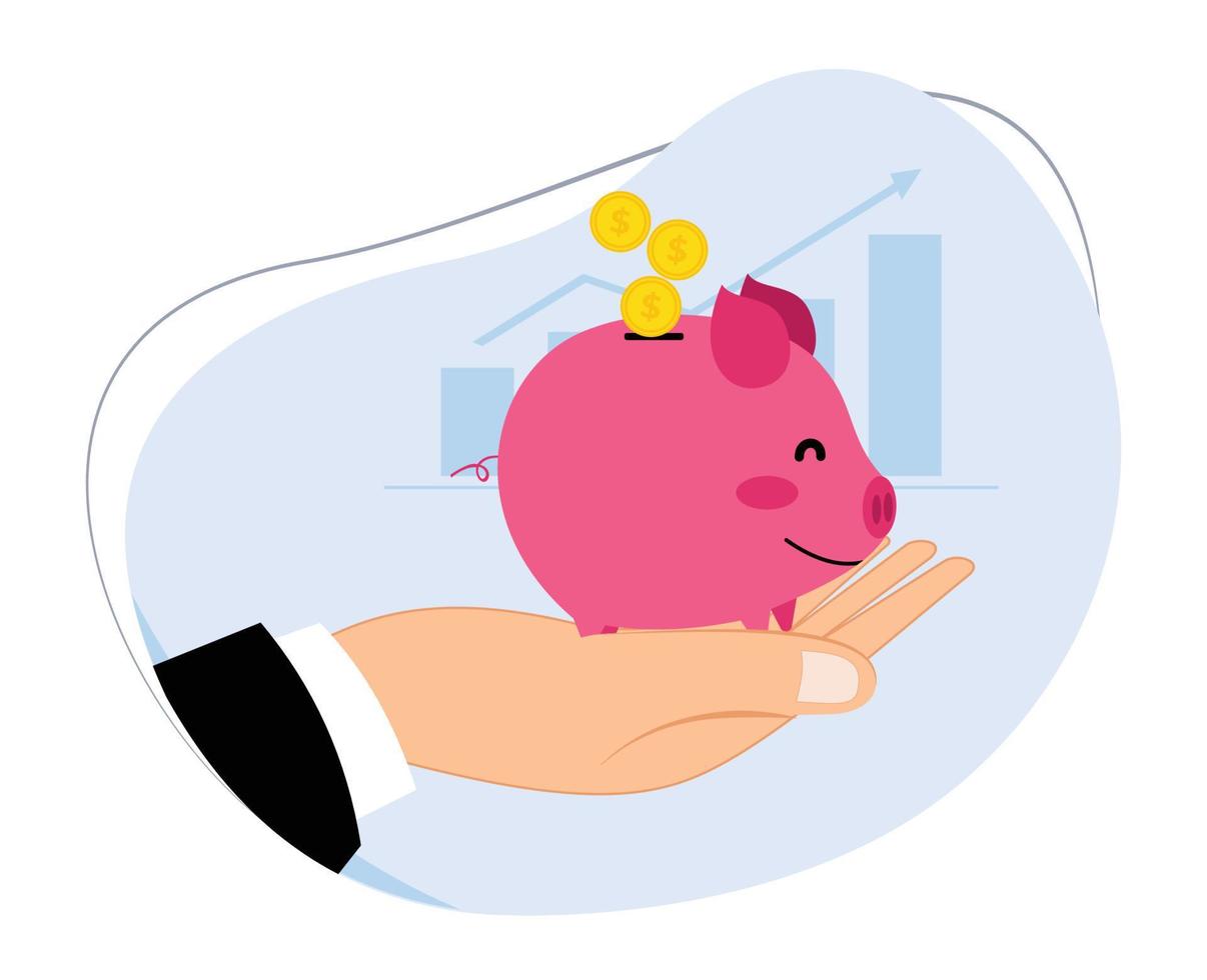 hand holding piggy bank cartoon with dollar bill coins. saving concept. investment finance concept. education about saving vector