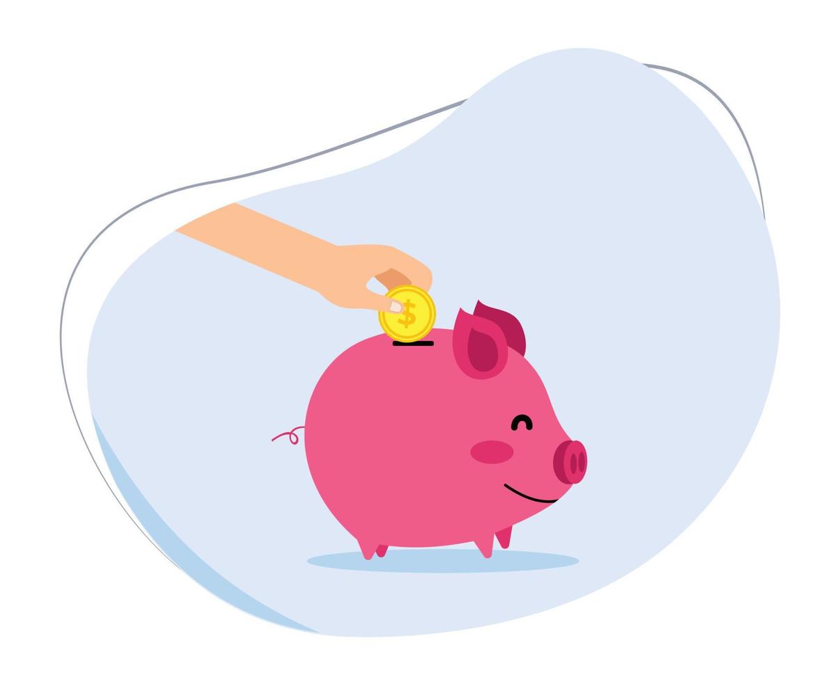 hand keeping gold coin in piggy bank. investment and finance concept vector