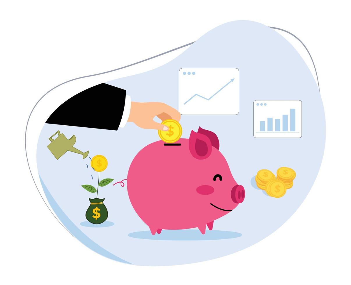 simple investment concept. illustration of investing by saving in a piggy bank. hand putting a dollar bill into a piggy bank. cartoon vector