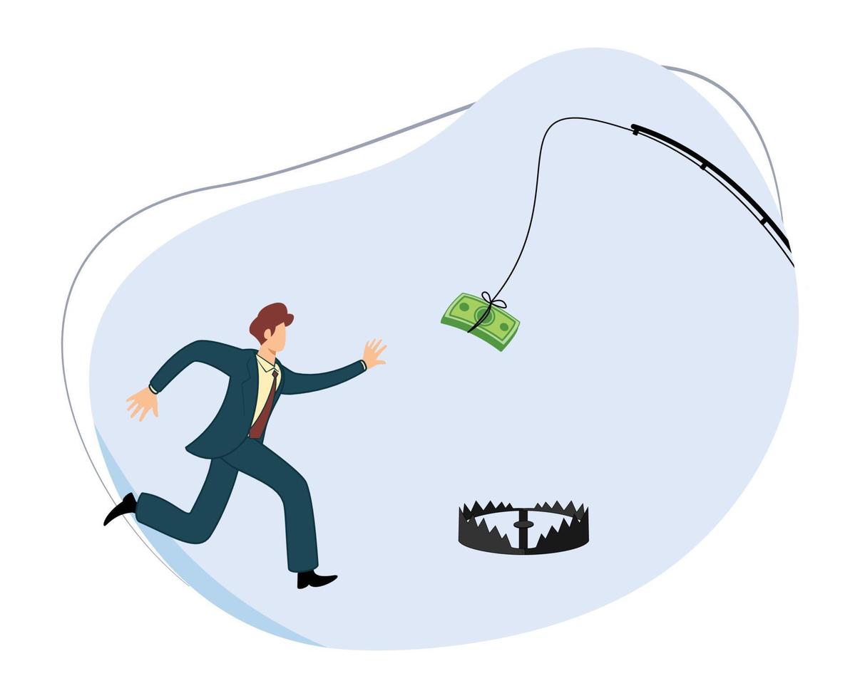 money fishing. business concept with businessman chasing hanging dollar and trying to catch money. financial business trap. flat design vector