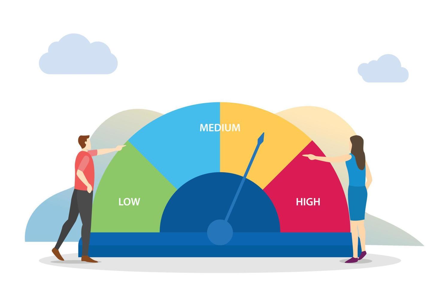 icono de concepto de evaluación de riesgos con velocímetro de barra y personas que analizan y discuten con un estilo plano moderno vector