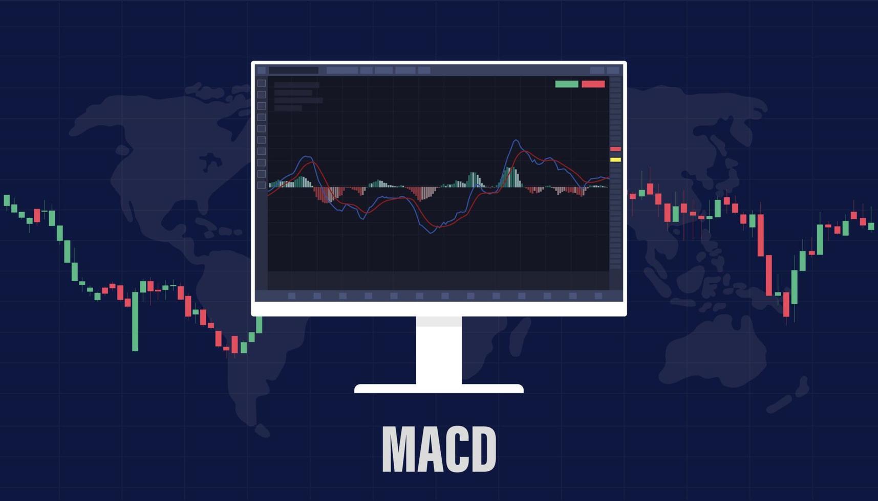 macd Moving Average Convergence Divergence indicator for stock market trading with big screen and candle stick with modern flat style vector