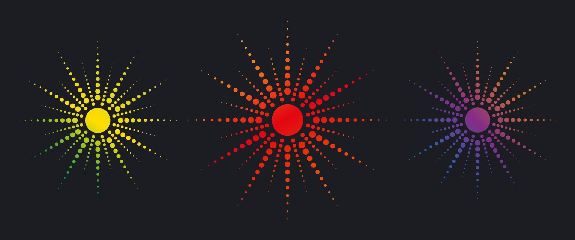 rayos de sol punteados, colección set. fondo de explosión de sol vintage, diseño de logotipo, efecto de semitono degradado colorido, ilustración vectorial aislada en fondo negro vector