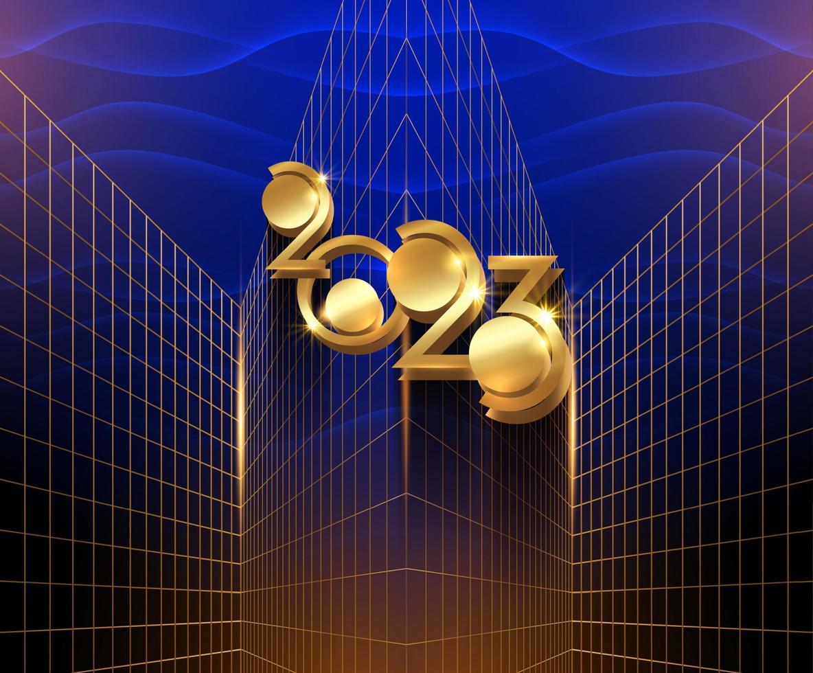 2023 new year greeting card with golden 3d number of the golden modern perspective. Art Deco style. Technology party concept. Banner, template luxury ornament on dark blue background vector