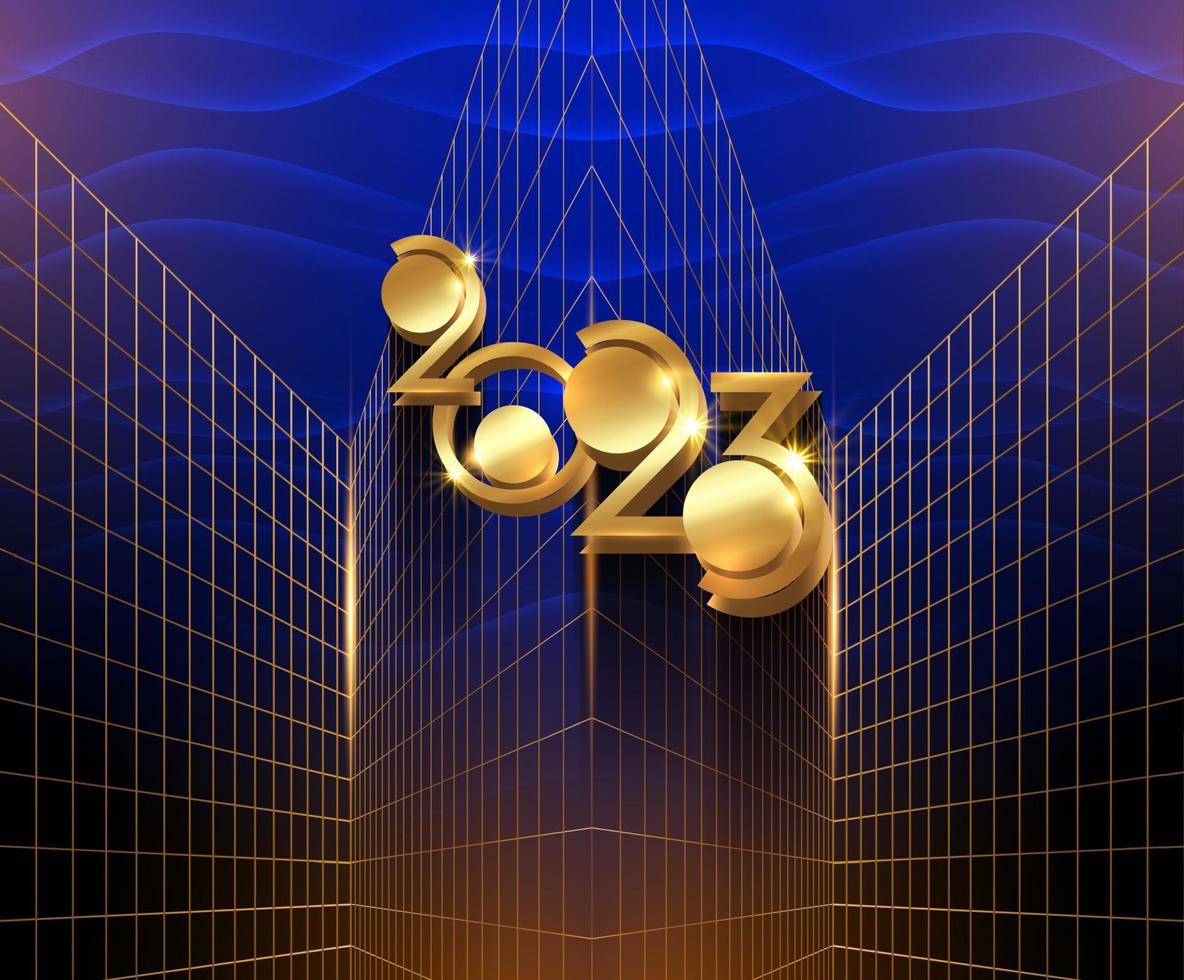 Tarjeta de felicitación de año nuevo 2023 con número 3d dorado de la perspectiva moderna dorada. estilo art déco. concepto de fiesta tecnológica. banner, adorno de lujo de plantilla sobre fondo azul oscuro vector