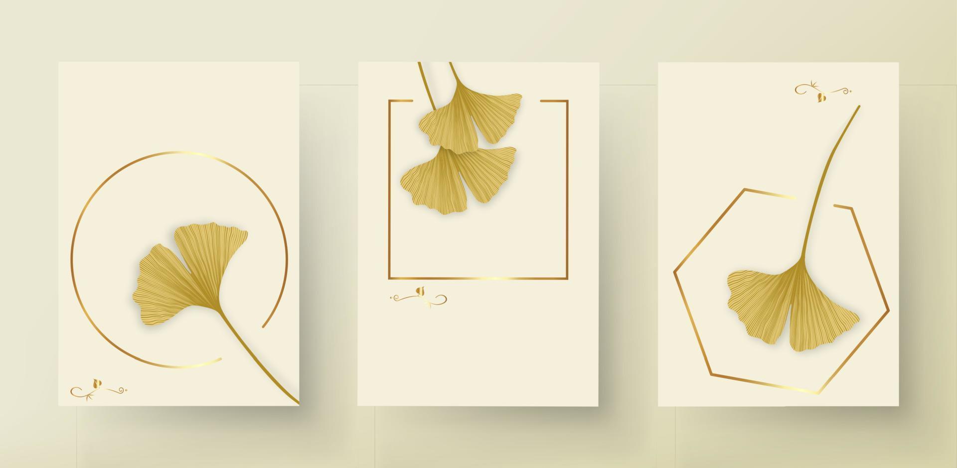 Set Ginkgo biloba leaves. Luxury Hand drawing elements for logo wedding cards, cosmetics, spa, jewelry, yoga design. Vector illustration in a minimal gold linear style