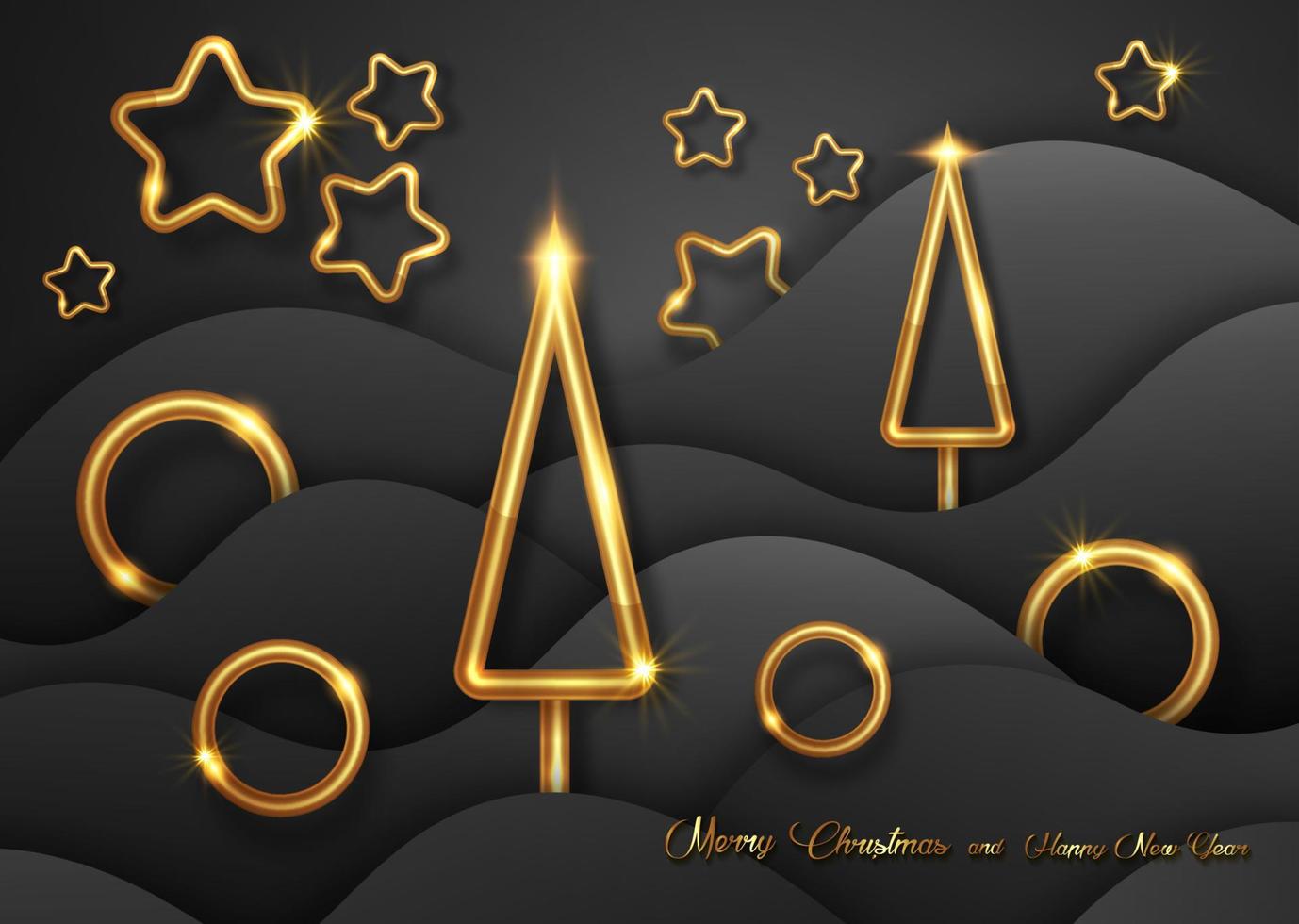 Black waves background in paper cut style with Christmas gold decorations. New Year wavy landscape, golden luxury dark template. Vector holiday banner, vip card