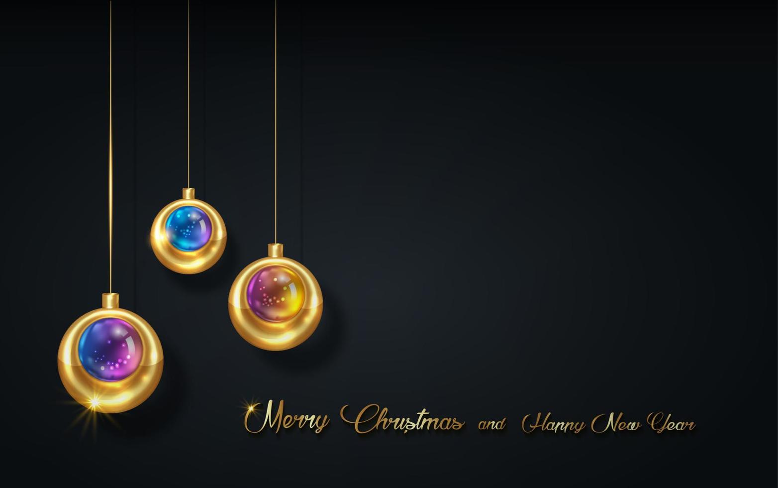 banner de vacaciones de lujo de navidad con saludos de feliz navidad y feliz año nuevo escritos a mano en oro y bolas de navidad de color dorado, adorno de navidad de vidrio. ilustración vectorial aislada sobre fondo negro vector