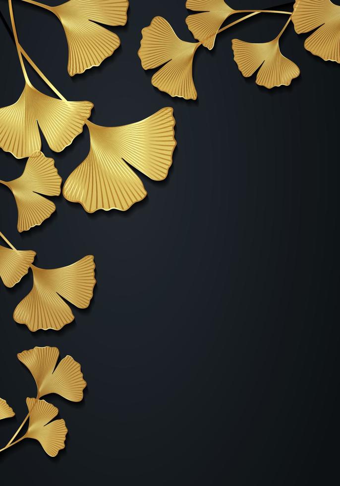 marco dorado de hojas de ginkgo biloba aislado sobre fondo negro. borde de lujo dorado de hojas florales. plantilla de diseño botánico de ilustración vectorial, banner vertical vector