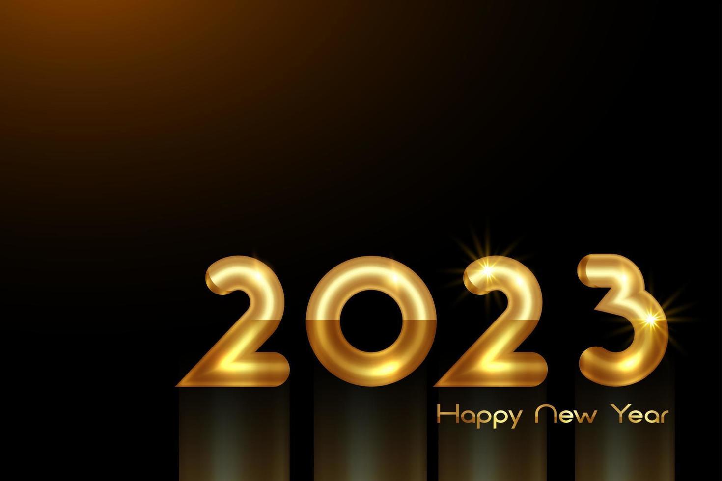 2023 números dorados en negrita 3d, feliz año nuevo. plantilla de banner tema navideño. diseño de vacaciones para tarjeta de felicitación, invitación, calendario, fiesta, vip de lujo dorado, vector aislado en fondo negro