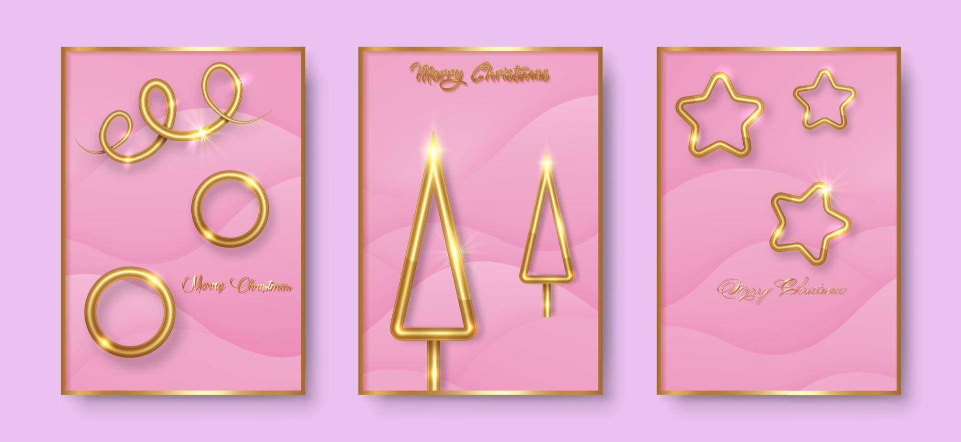 set cards Merry Christmas gold texture, golden luxury elements, pink paper cut background for calendar and greetings card or Christmas themed winter holiday invitations with geometric decorations vector