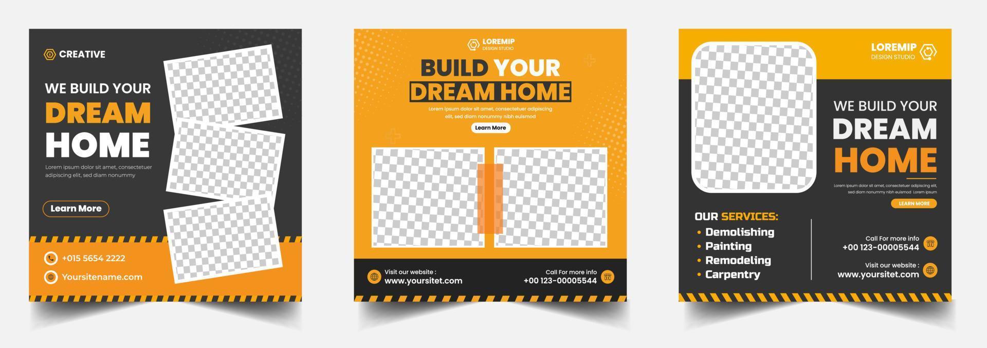 Construction social media post banner design Template with yellow color, Corporate construction tools social media post design, home improvement banner template, home repair social media post banner. vector