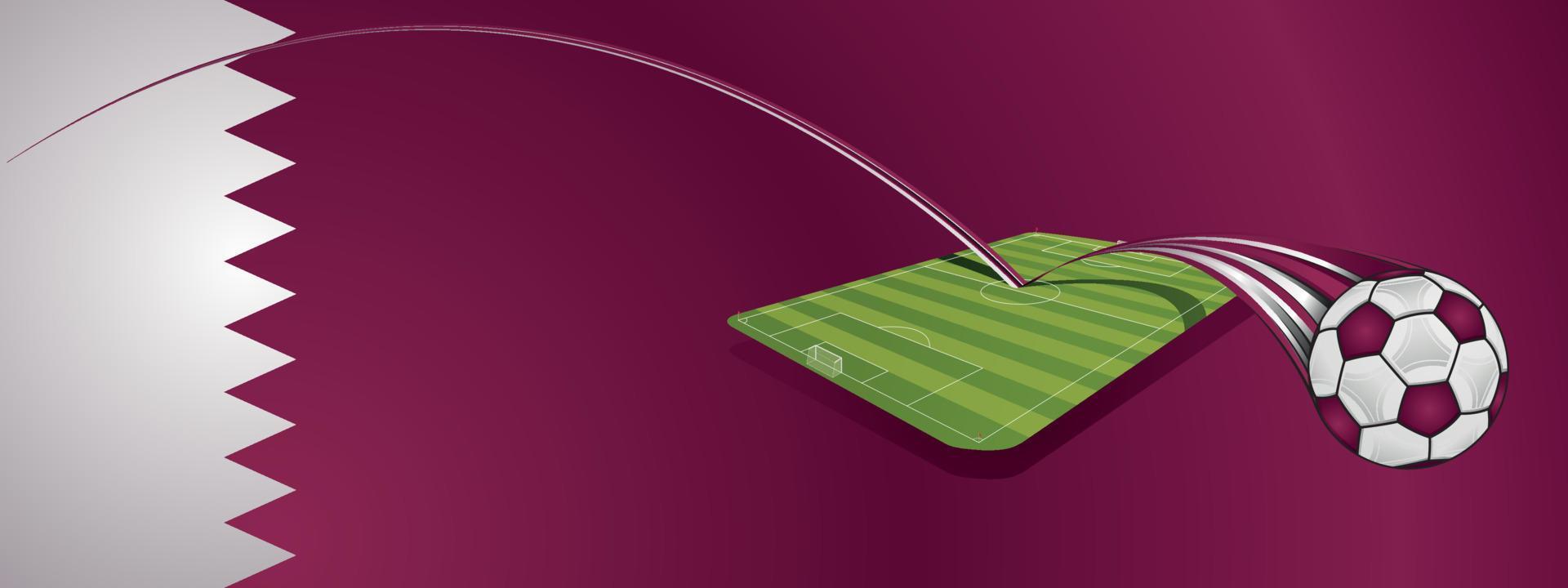 balón de fútbol de color blanco y rojo rebotando en un campo de fútbol sobre un fondo con la bandera de qatar. imagen vectorial vector
