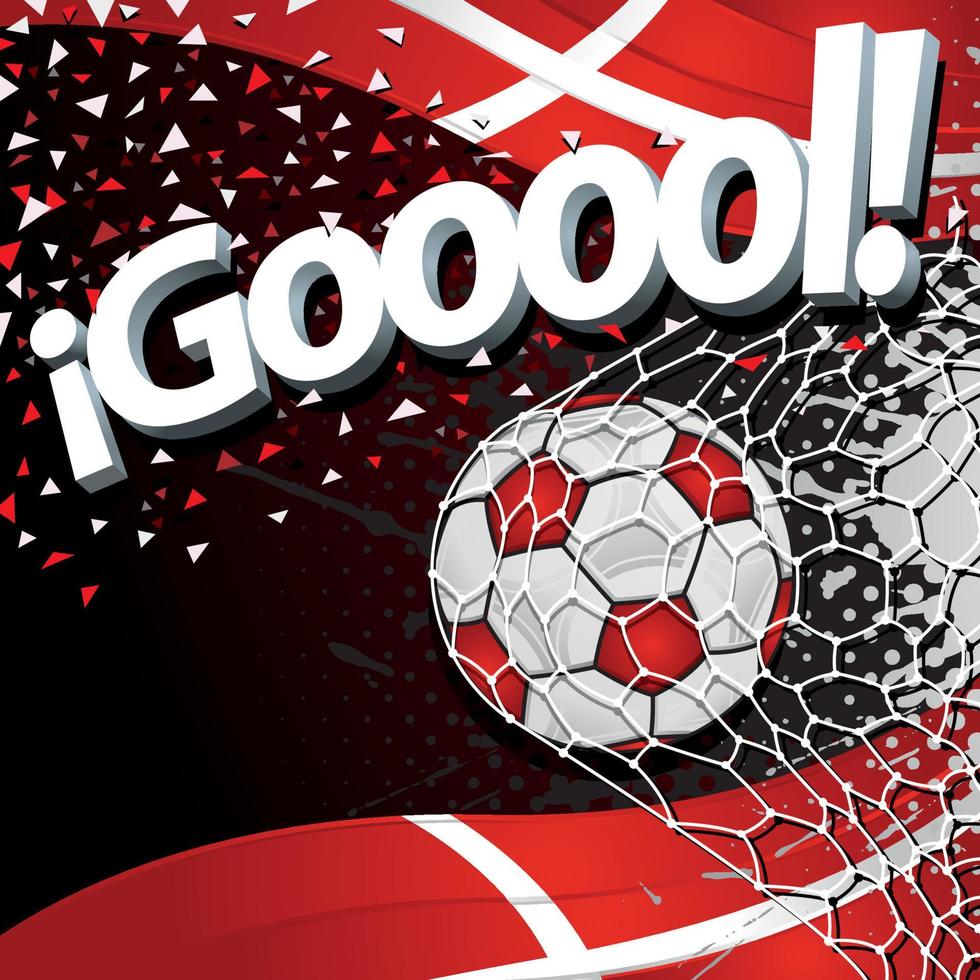 palabra gooool junto a un balón de fútbol marcando un gol sobre un fondo de banderas de dinamarca y confeti blanco y rojo. imagen vectorial vector