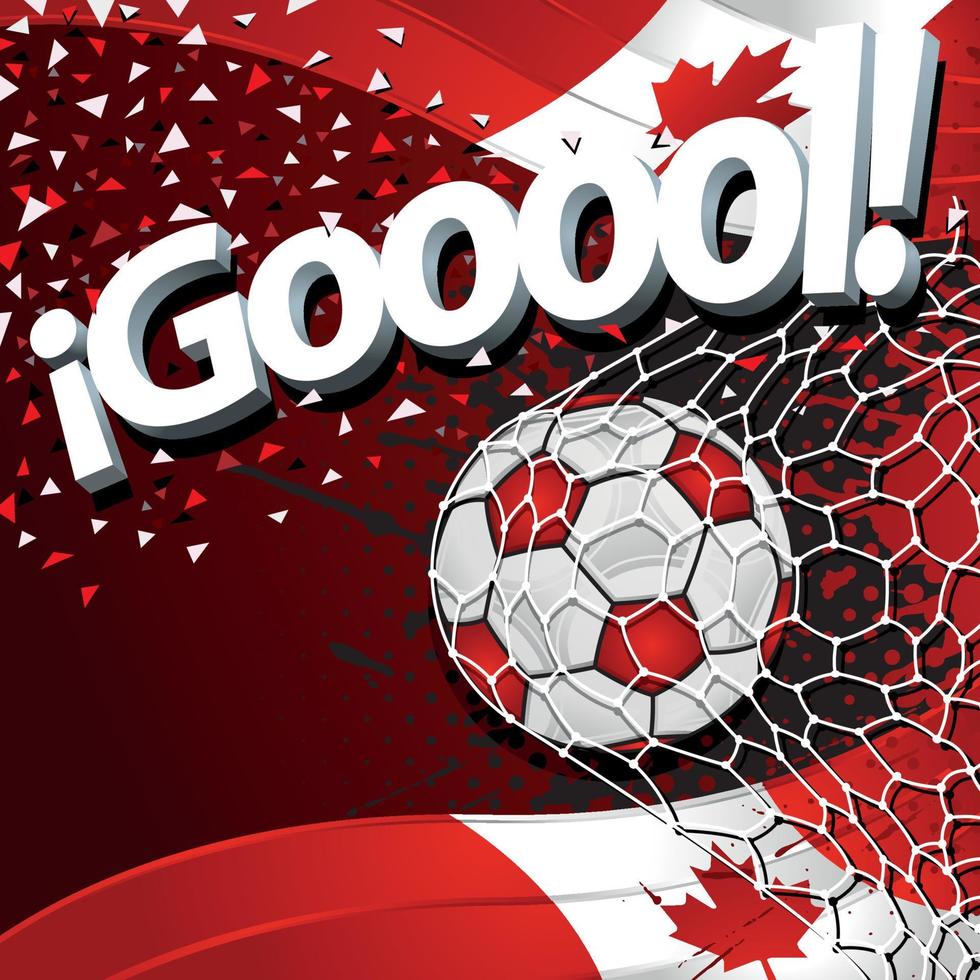 palabra gooool junto a una pelota de fútbol marcando un gol sobre un fondo de banderas canadienses y confeti blanco y rojo. imagen vectorial vector