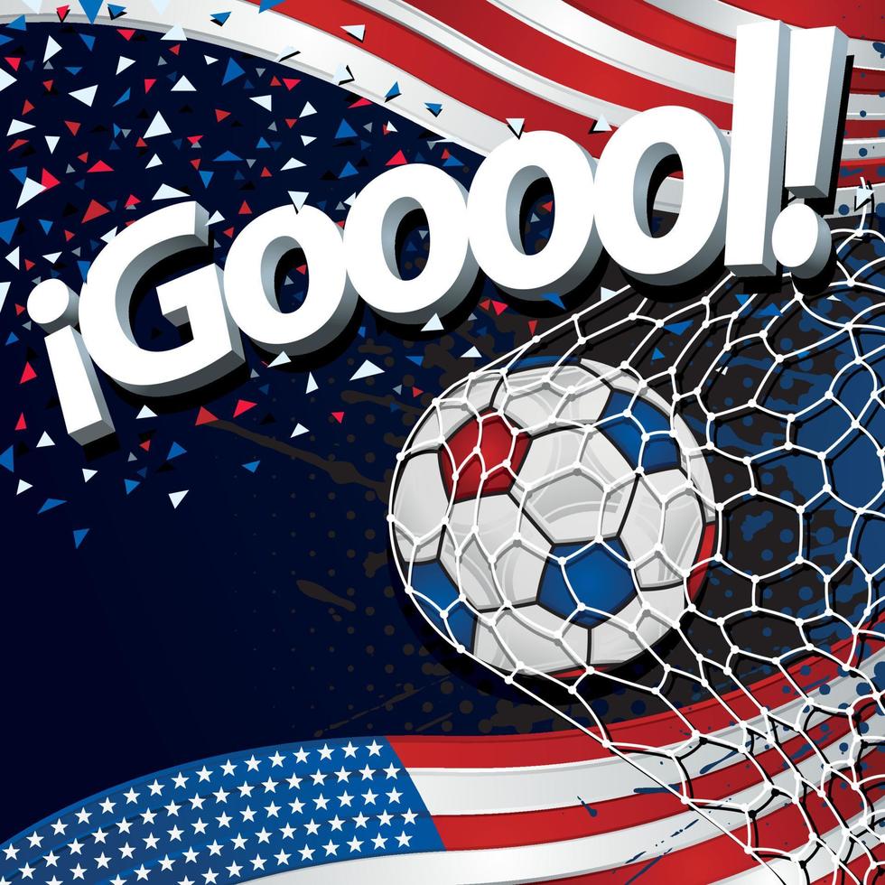 palabra gooool junto a una pelota de fútbol que marca un gol sobre un fondo de banderas de los estados unidos de américa y confeti blanco, rojo y azul. imagen vectorial vector