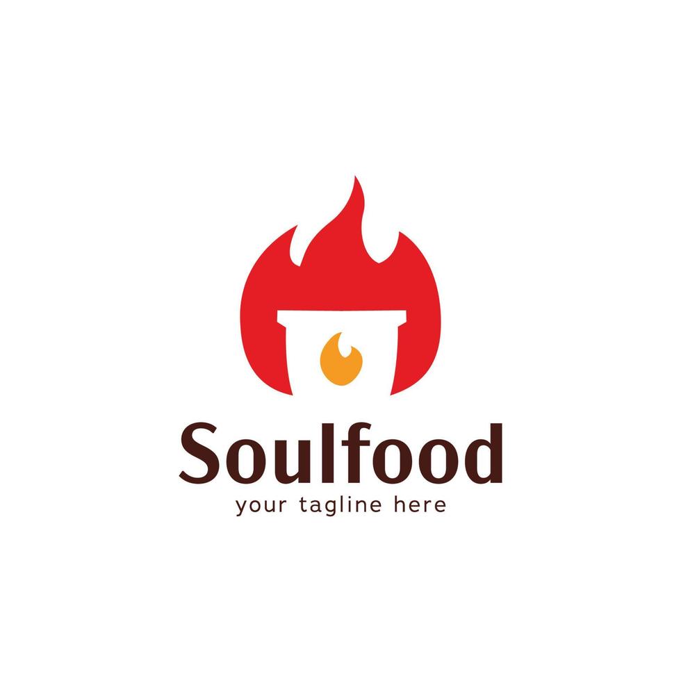 soul food kitchen with hot pot logo with fire flame icon symbol vector