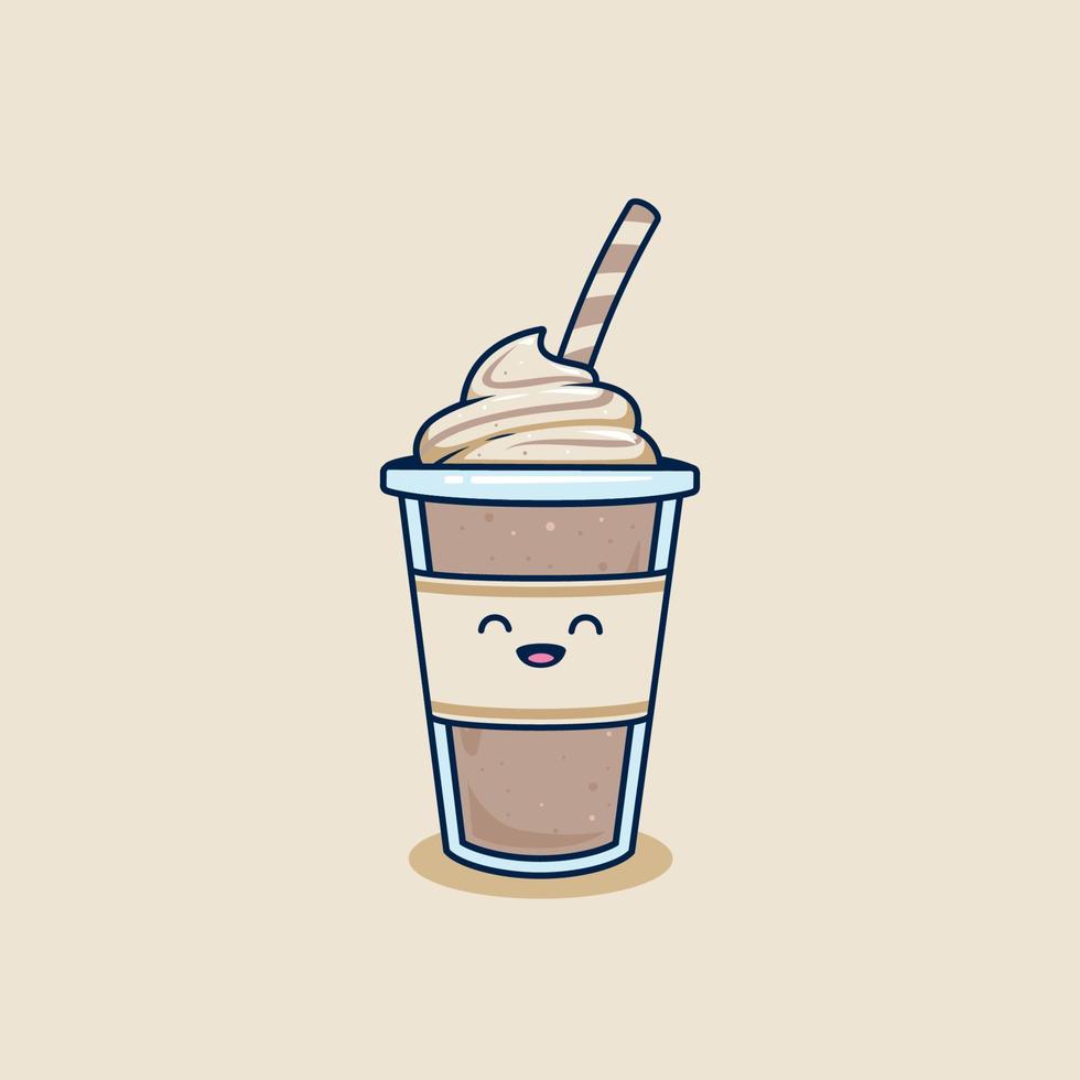 batido de chocolate de sonrisa feliz en una taza para llevar con ilustración de cobertura de crema batida. café frappe en vaso de plástico ilustración mascota emoji personaje vector