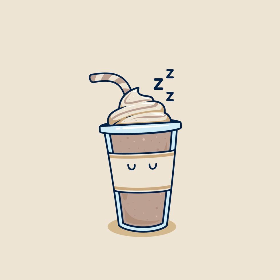 sleeping chocolate milkshake in takeaway cup with whip cream topping illustration.  fall asleep frappe coffee in plastic cup illustration mascot cartoon character vector