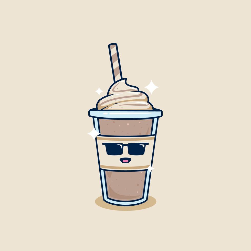 botín fresco con gafas de sol batido de chocolate en una taza para llevar con ilustración de cobertura de crema batida. café frappe en vaso de plástico ilustración mascota personaje de dibujos animados vector