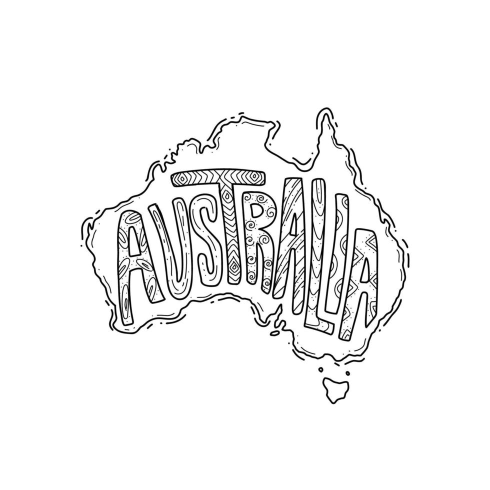 Australia map with doodle boho typography text inside illustration vector