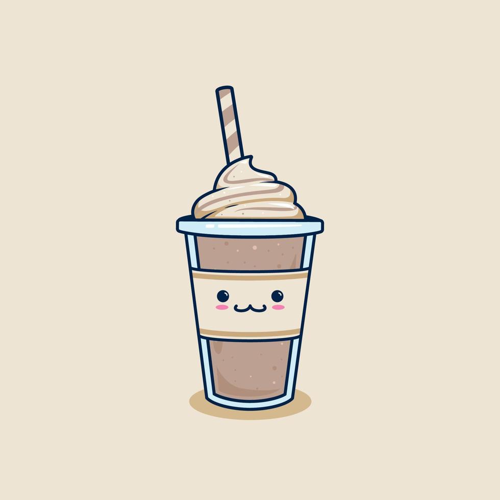 lindo batido de chocolate kawaii en taza para llevar con ilustración de cobertura de crema batida. lindo café frappe en vaso de plástico ilustración mascota personaje de dibujos animados vector