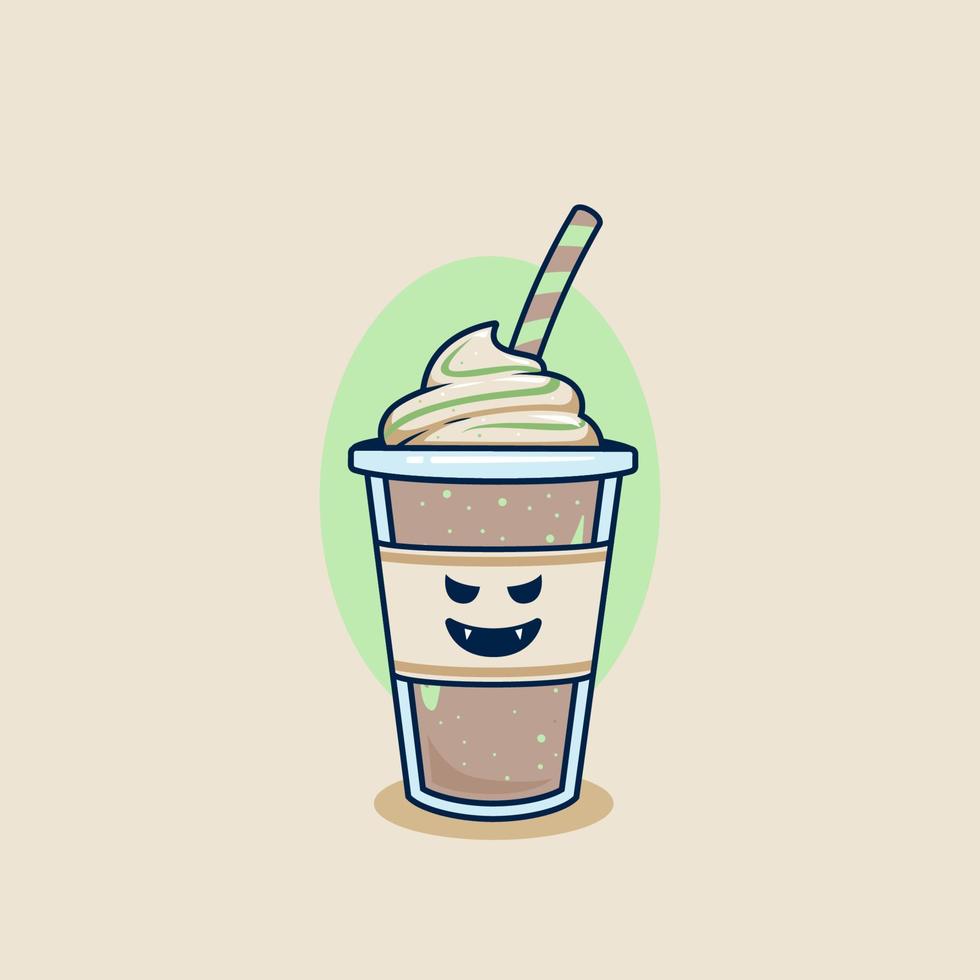 evil poisonous chocolate milkshake in takeaway cup with whip cream topping illustration. spoiled frappe coffee in plastic cup illustration mascot cartoon character vector