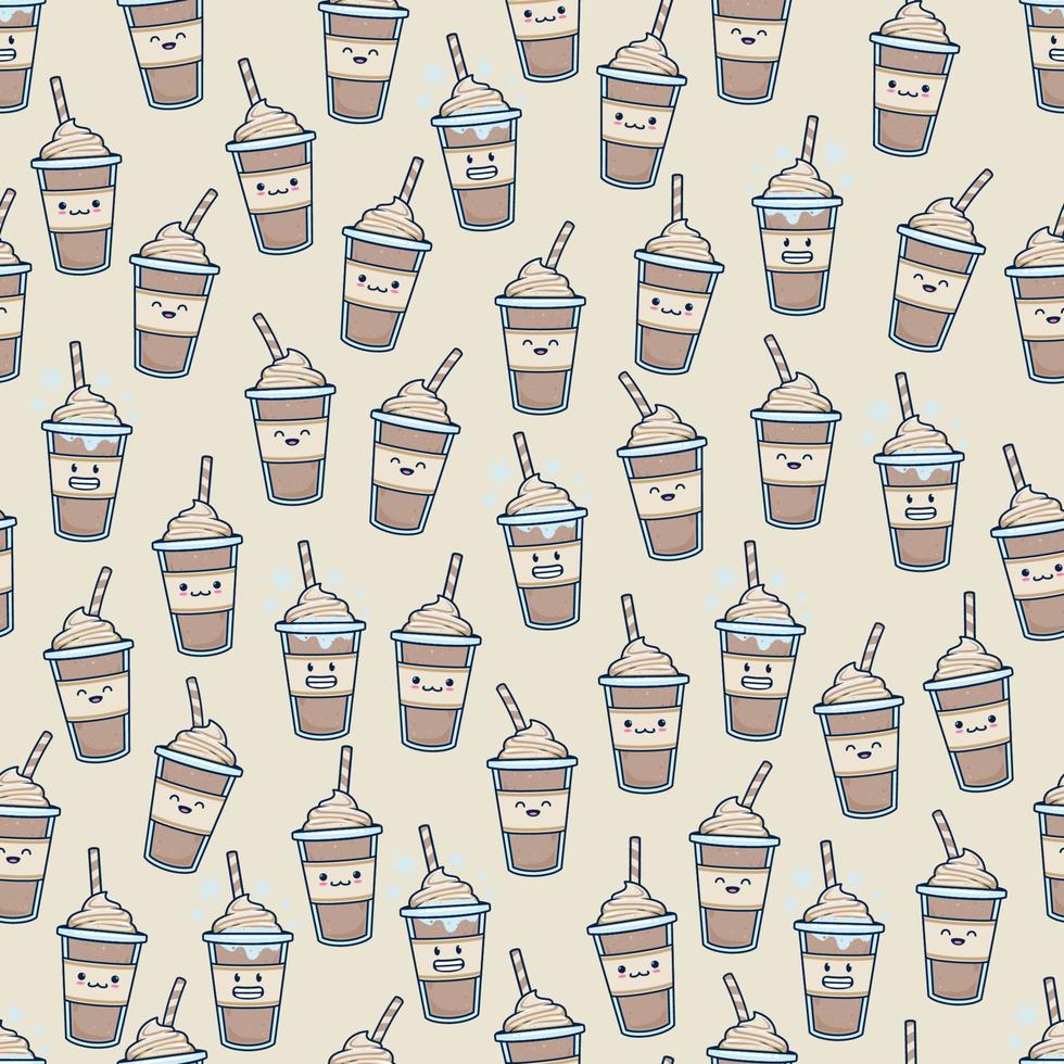 cute chocolate milkshake drink in plastic cup cartoon character seamless pattern background. cute frappe coffee emoji seamless pattern vector