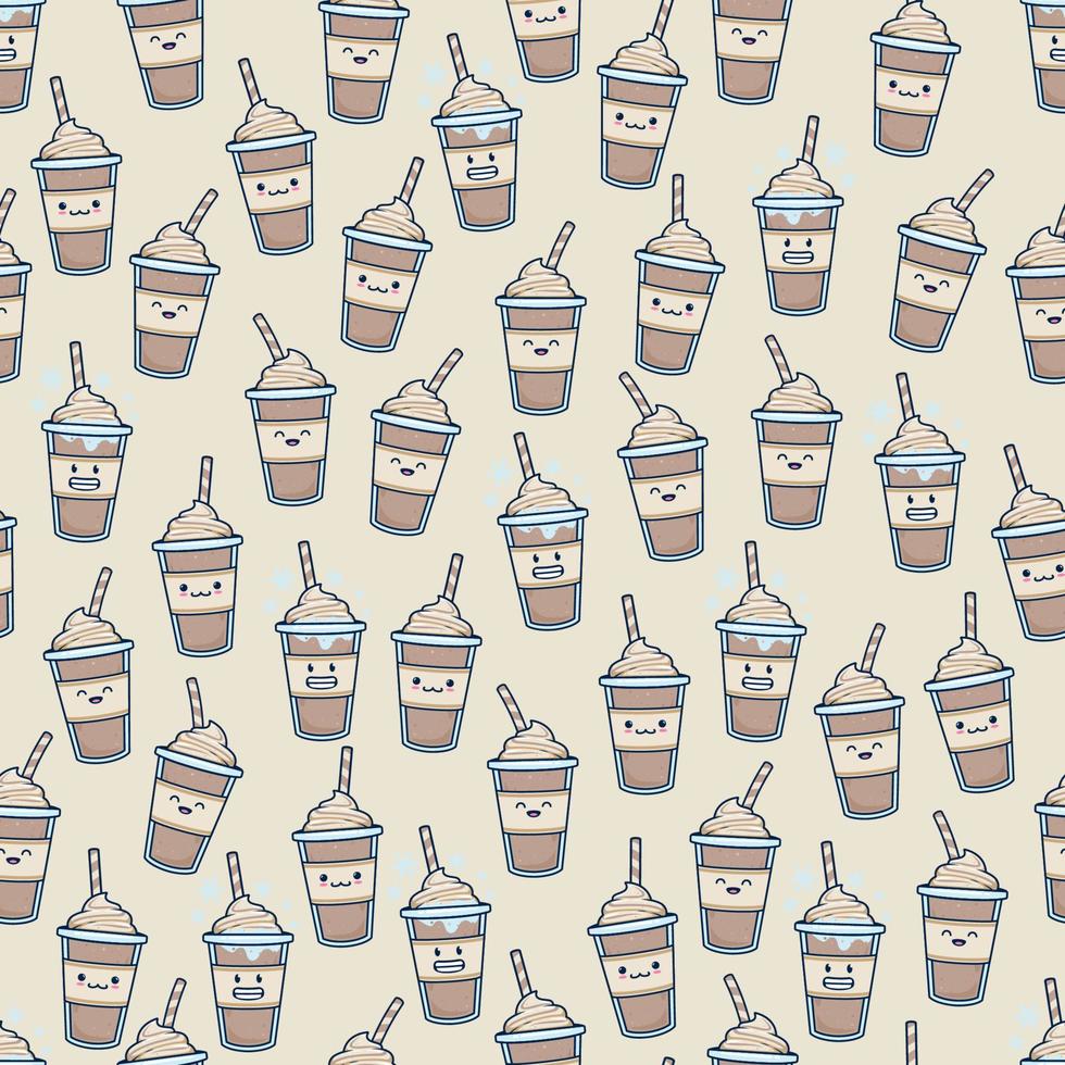 linda bebida de batido de chocolate en un vaso de plástico personaje de dibujos animados sin fisuras de fondo. lindo café frappe emoji de patrones sin fisuras vector